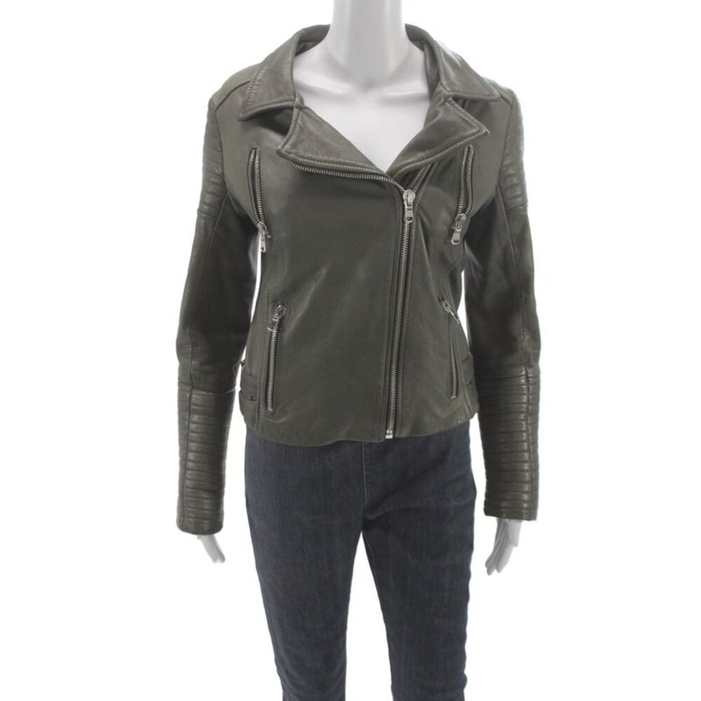 Vera Pelle Women Leather Biker Jacket Green Zip Long Sleeve Size 48